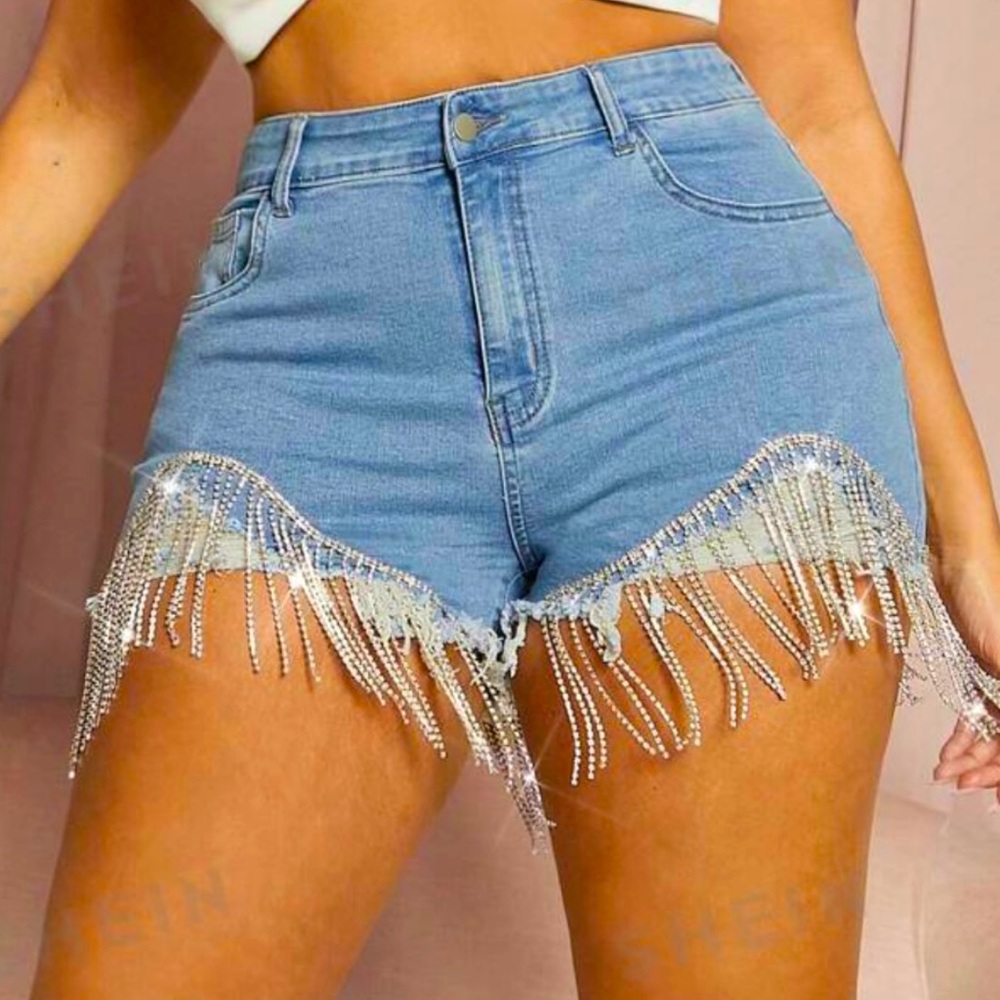 Rhinestone Fringe Trim Jean Shorts
